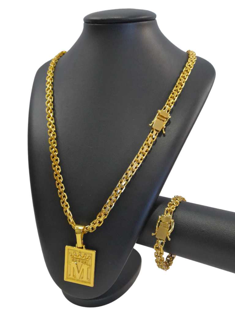Cordão / Corrente com Pulseira Cadeado Duplo 8mm Pingente Escolha sua Letra Coroa de A a Z Banhado a Ouro 18k