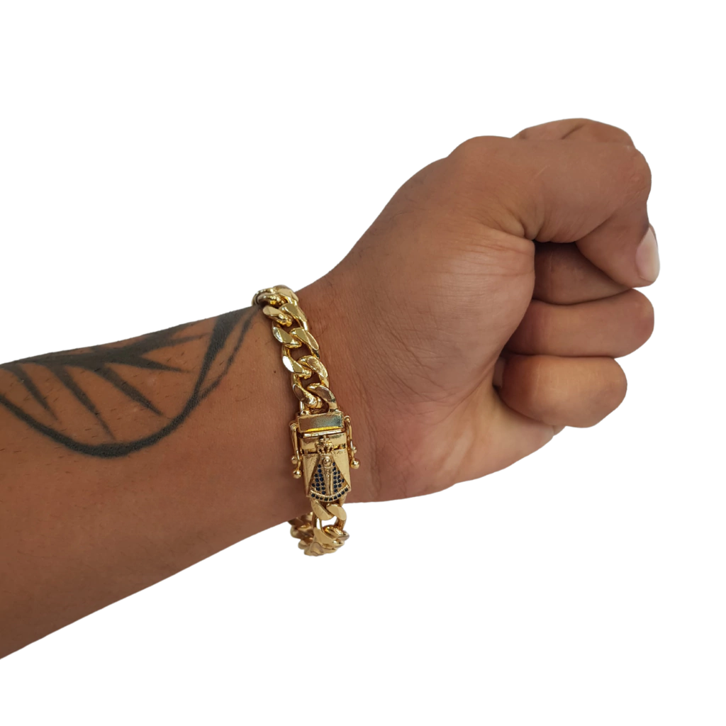 Pulseira Pitbull Facetado 10mm Fecho Nossa Senhora Banhado 18k