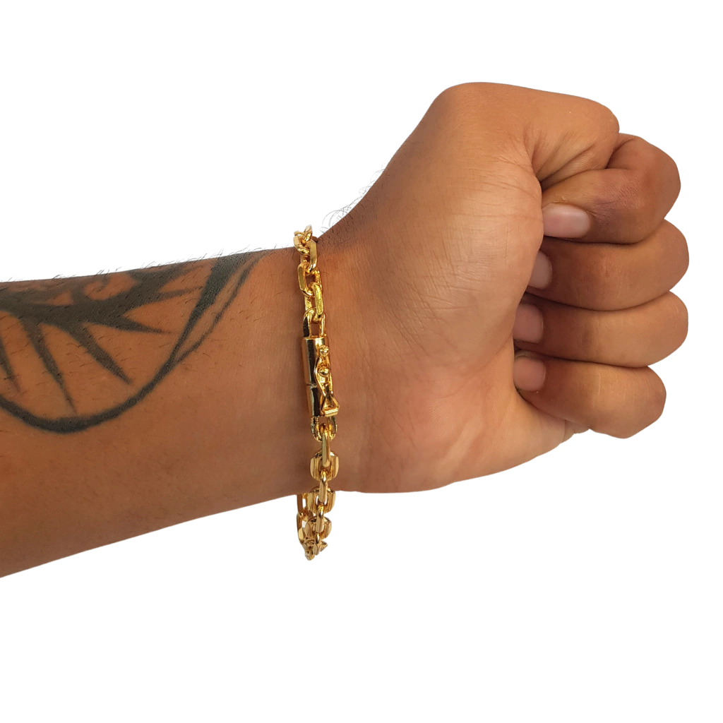 Pulseira Cadeado 7mm Fecho Bomba Banhado a Ouro 18k