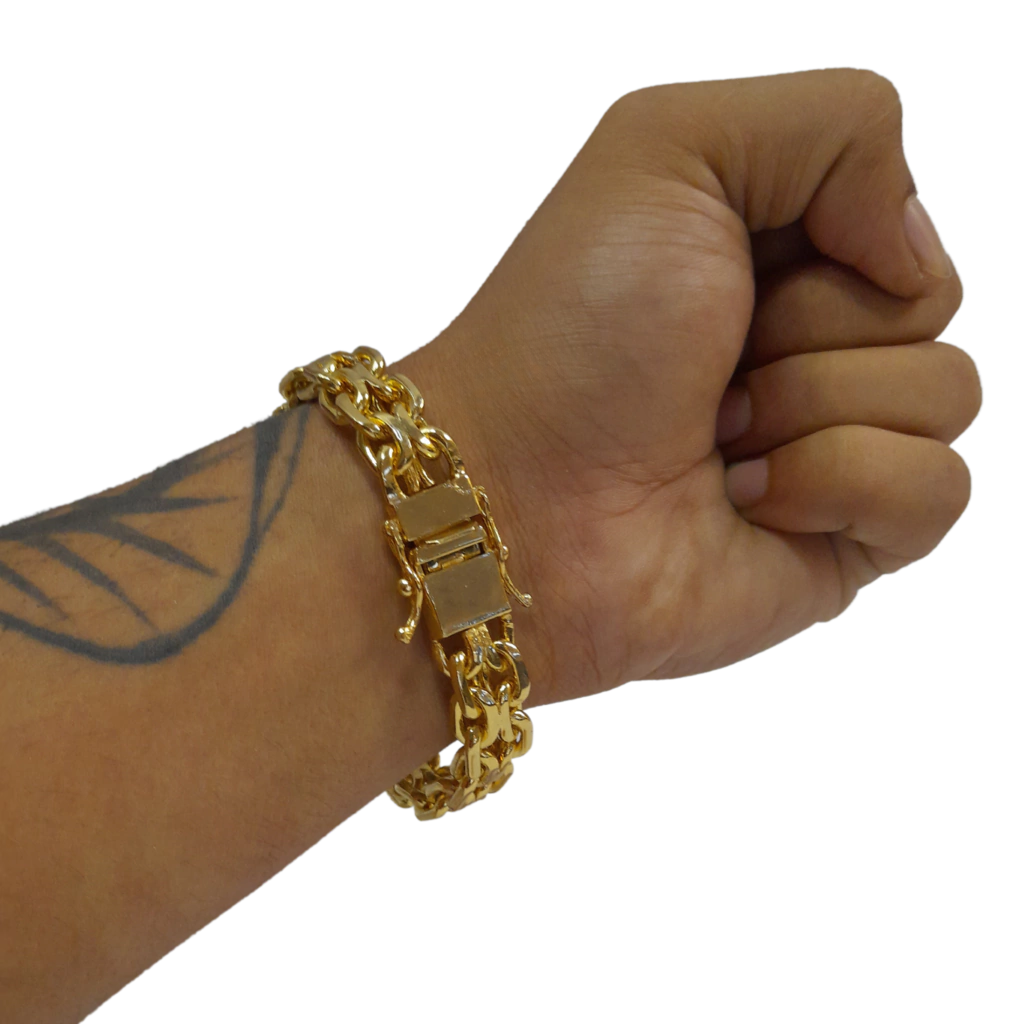 Pulseira Cadeado Duplo 14mm Banhado a Ouro 18k