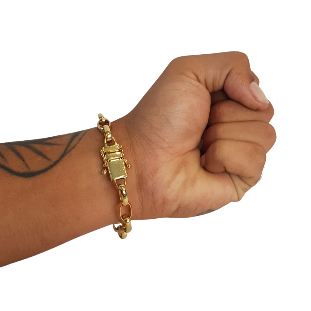 Pulseira Meia Cana 10mm Fecho Duplo Banhado A Ouro