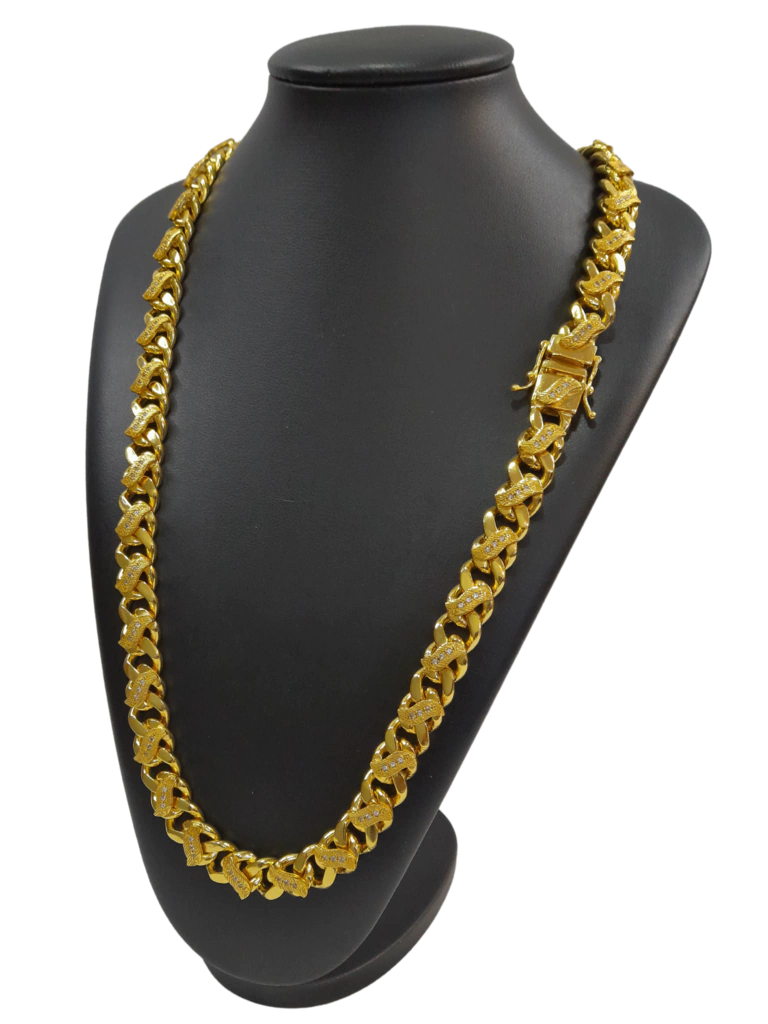 Cordão Pitbull Grumet S 13mm 1 por 1 Cravejado Banhado a Ouro 18k