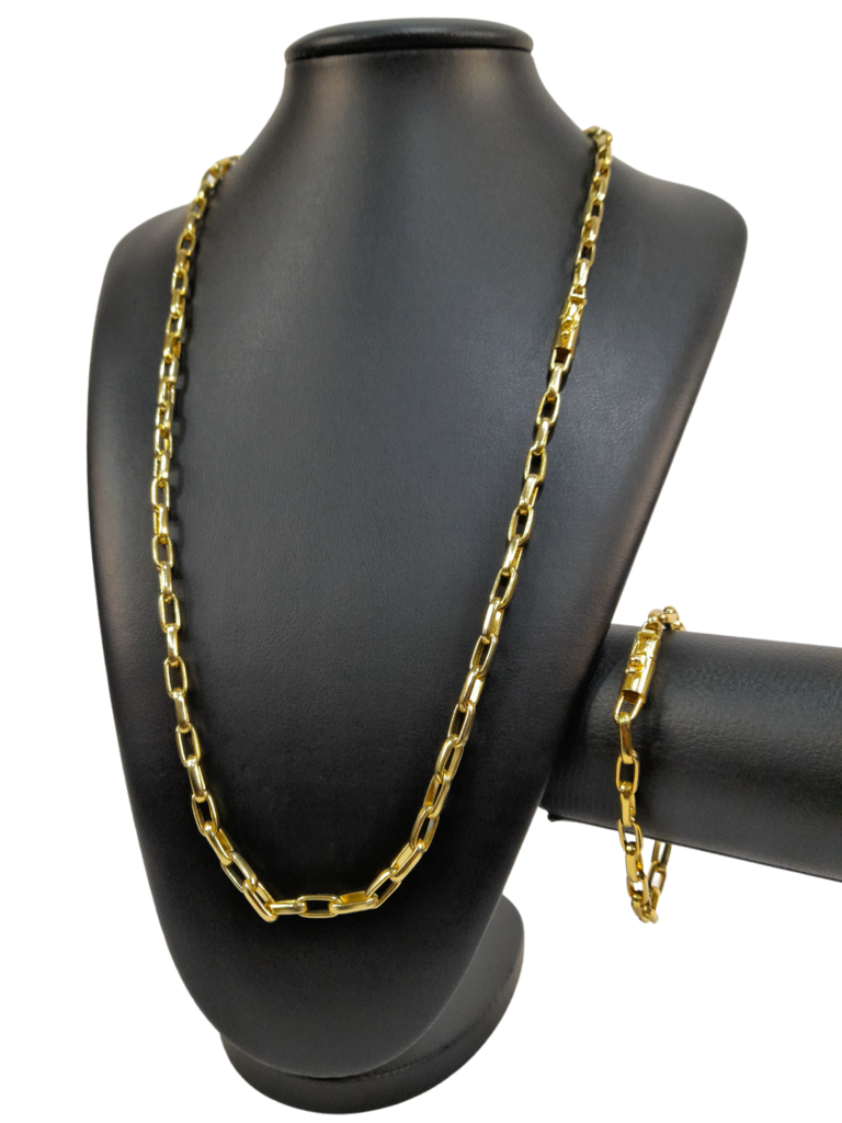 Cordão+Pulseira Meia Cana 7mm Banhado a Ouro 18k