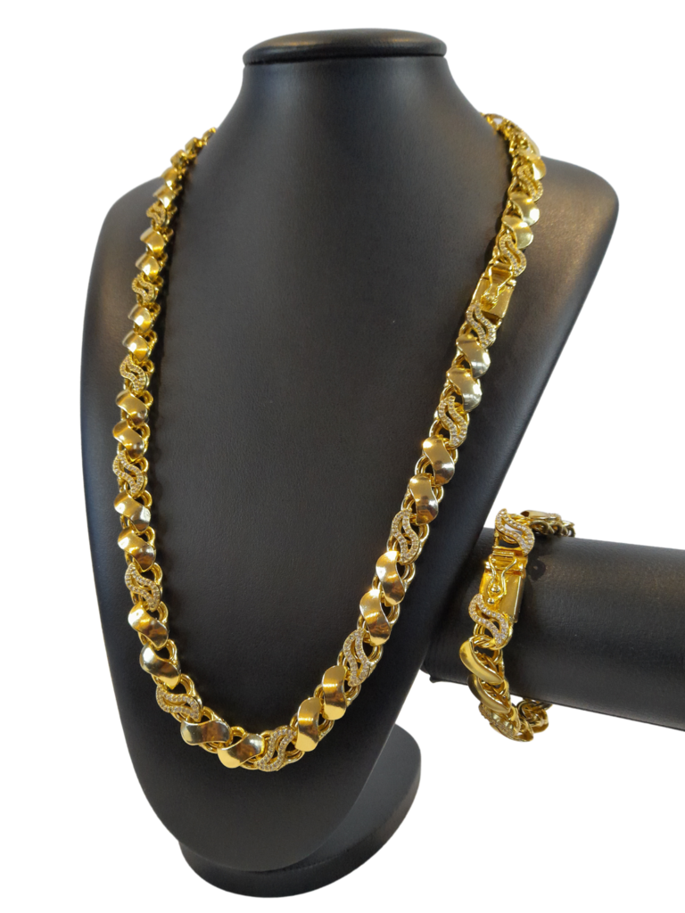 Cordão+Pulseira Friso S 13mm 2 por 1 Cravejado Banhado a Ouro 18k