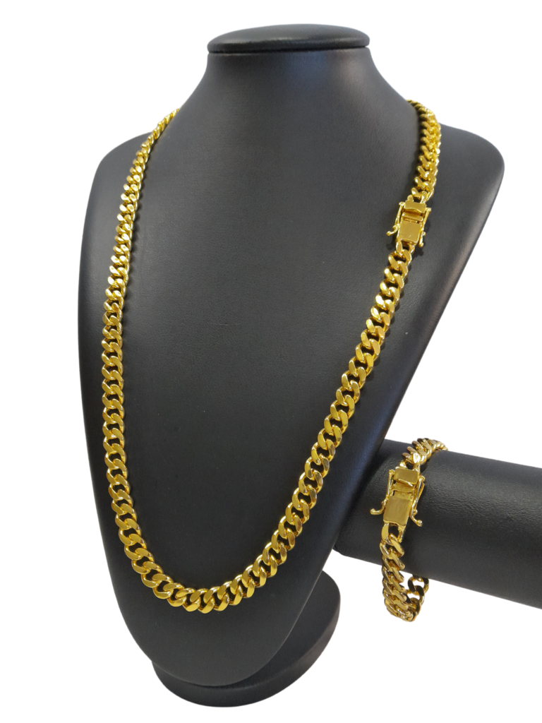 Cordão+Pulseira Pitbull Grumet 10mm Fecho Duplo Banhado a Ouro 18k