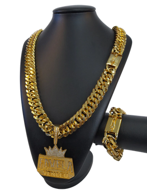 Cordão+Pulseira Grumet Lacraia 20mm Pingente Favela Venceu Placa Banhado a Ouro 18k