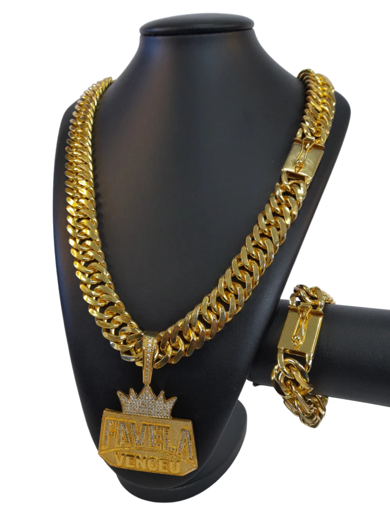 Cordão+Pulseira Grumet Lacraia 20mm Pingente Favela Venceu Placa Banhado a Ouro 18k