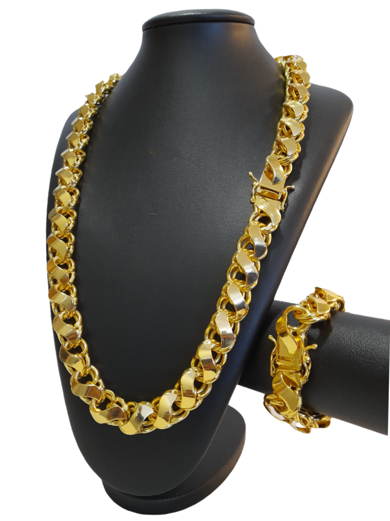 Cordão+Pulseira Friso S 16mm Banhado a Ouro 18k