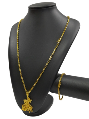 Cordão+Pulseira Cadeado 4mm Pingente São Jorge Banhado a Ouro 18k