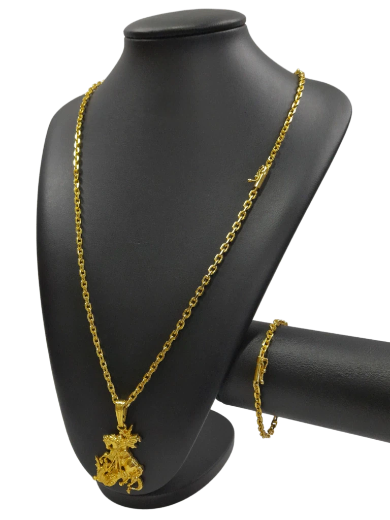 Cordão+Pulseira Cadeado 4mm Pingente São Jorge Banhado a Ouro 18k