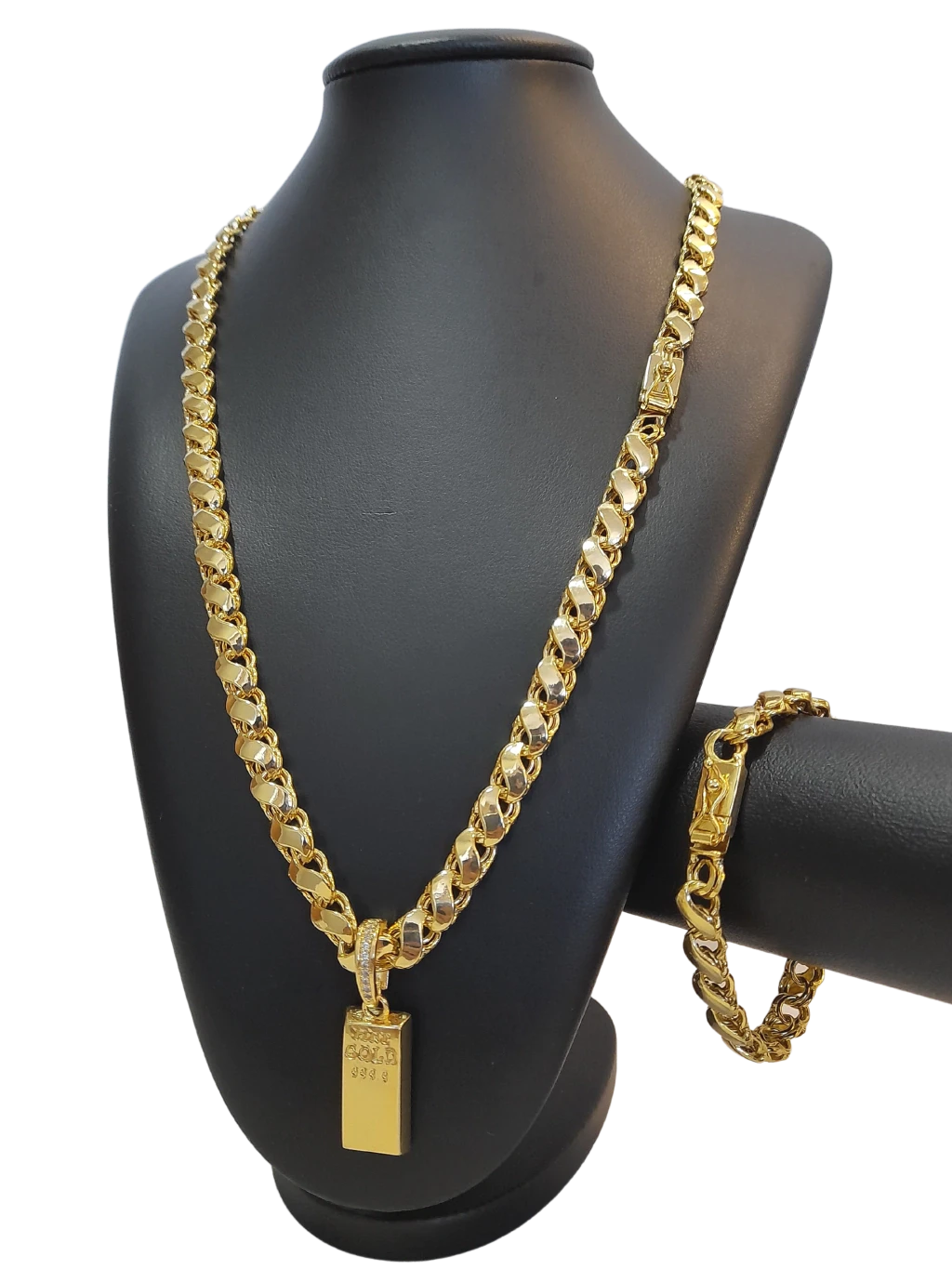Cordão+Pulseira Friso S 9mm Pingente Barra de Ouro Banhado a Ouro 18k