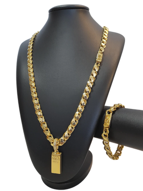 Cordão+Pulseira Friso S 9mm Pingente Barra de Ouro Banhado a Ouro 18k