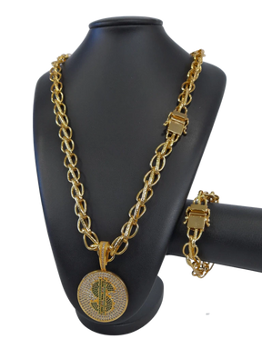 Cordão+Pulseira Balão 13mm Fecho Duplo Pingente Cifrão Banhado a Ouro 18k