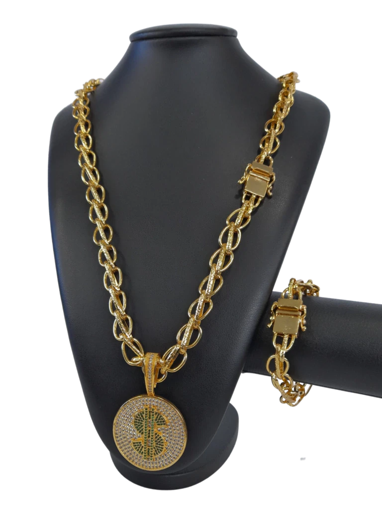 Cordão+Pulseira Balão 13mm Fecho Duplo Pingente Cifrão Banhado a Ouro 18k