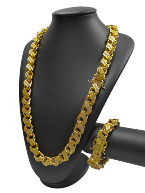 Cordão+Pulseira Friso S 16mm Cravejado Banhado a Ouro 18k