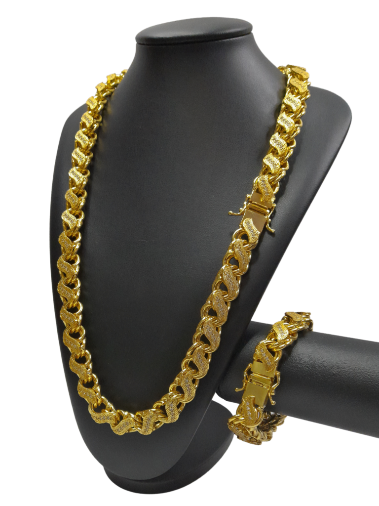 Cordão+Pulseira Friso S 16mm Cravejado Banhado a Ouro 18k