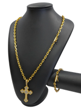 Cordão+Pulseira Cadeado 7mm Pingente Cruz Cravejada Banhado a Ouro 18k