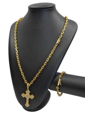 Cordão+Pulseira Cadeado 7mm Pingente Cruz Cravejada Banhado a Ouro 18k