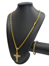 Cordão+Pulseira Cadeado 7mm Pingente Cruz Lenço Cravejado Banhado a Ouro 18k