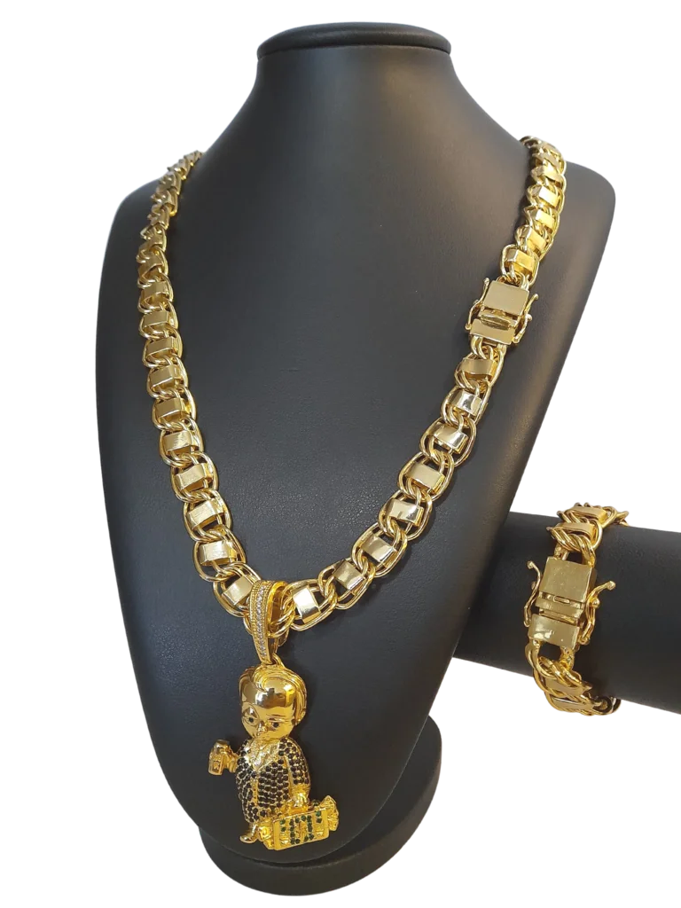 Cordão+Pulseira Dubai 15mm Pingente Poderoso Chefinho Cravejado Preto Banhado a Ouro 18k