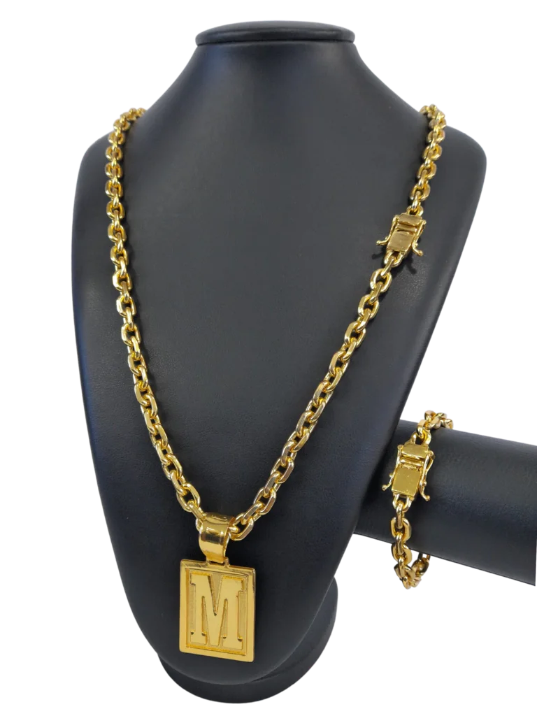 Cordão+Pulseira Cadeado 9mm Fecho Duplo Pingente Escolha sua Letra de A a Z Banhado a Ouro 18k