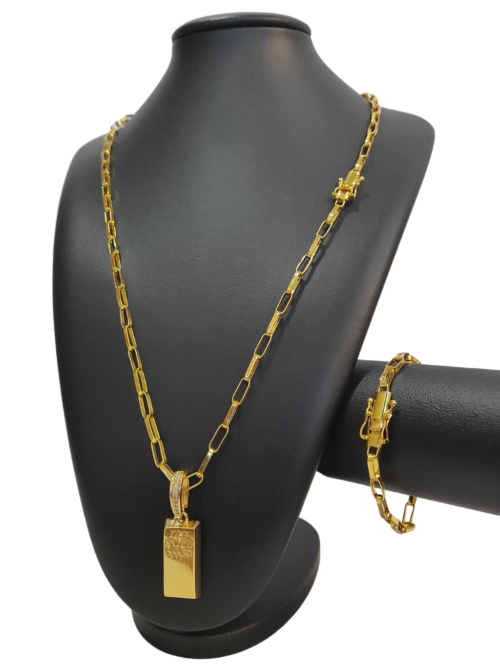 Cordão+Pulseira Tijolinho Bloquinho 5mm Fecho Duplo Pingente Barra de Ouro Banhado a Ouro 18k