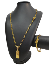 Cordão+Pulseira Tijolinho Bloquinho 5mm Fecho Duplo Pingente Barra de Ouro Banhado a Ouro 18k