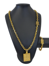 Cordão+Pulseira Cadeado 9mm Fecho Duplo Pingente Escolha Sua Letra de A a Z Bordada Banhado a Ouro 18k