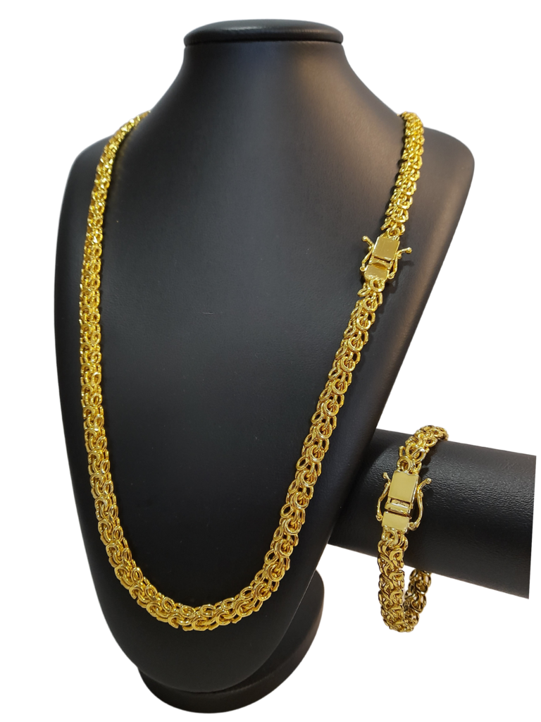 Cordão+Pulseira Escama de Cobra 10mm Banhado a Ouro 18k