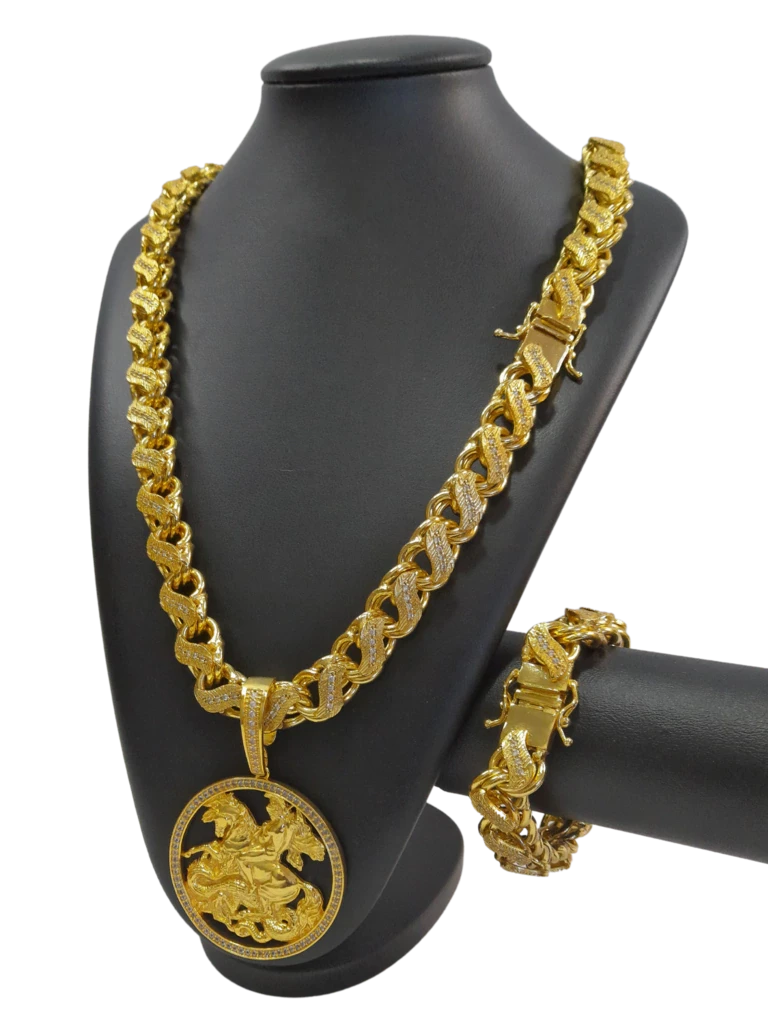 8Cordão+Pulseira Friso S 16mm Cravejado Pingente São Jorge Mega Banhado a Ouro 18k