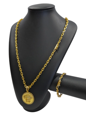 Cordão+Pulseira Cadeado 7mm Pingente Medusa Cravejado Banhado a Ouro 18k