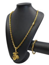 Cordão+Pulseira Cadeado 7mm Pingente São Jorge Banhado a Ouro 18k