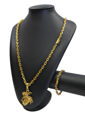 Cordão+Pulseira Cadeado 7mm Pingente São Jorge Banhado a Ouro 18k