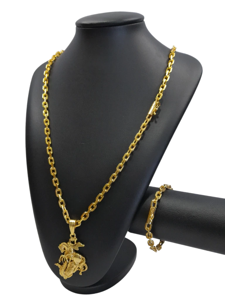 Cordão+Pulseira Cadeado 7mm Pingente São Jorge Banhado a Ouro 18k
