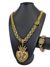 Cordão+Pulseira Imperador 13mm Fecho Duplo Pingente Nossa Senhora Coração Louros Banhado a Ouro 18k