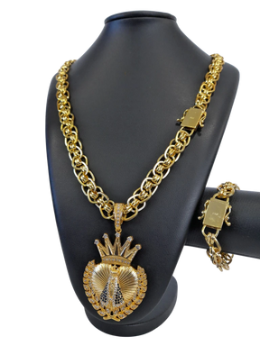 Cordão+Pulseira Imperador 13mm Fecho Duplo Pingente Nossa Senhora Coração Louros Banhado a Ouro 18k