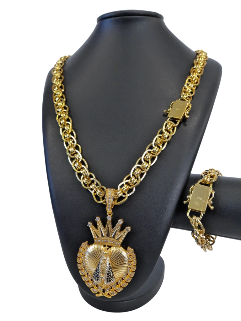 Cordão+Pulseira Imperador 13mm Fecho Duplo Pingente Nossa Senhora Coração Louros Banhado a Ouro 18k