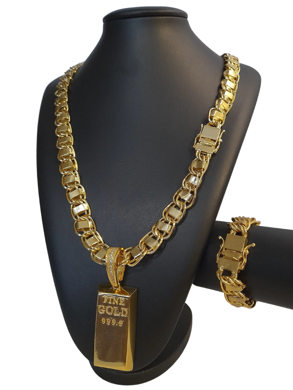 Cordão+Pulseira Dubai 15mm Pingente Barra de Ouro Banhado a Ouro 18k