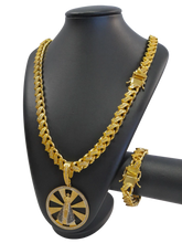 Cordão+Pulseira Pitbull Grumet S 13mm Cravejado Pingente Nossa Senhora Mega Banhado a Ouro 18k