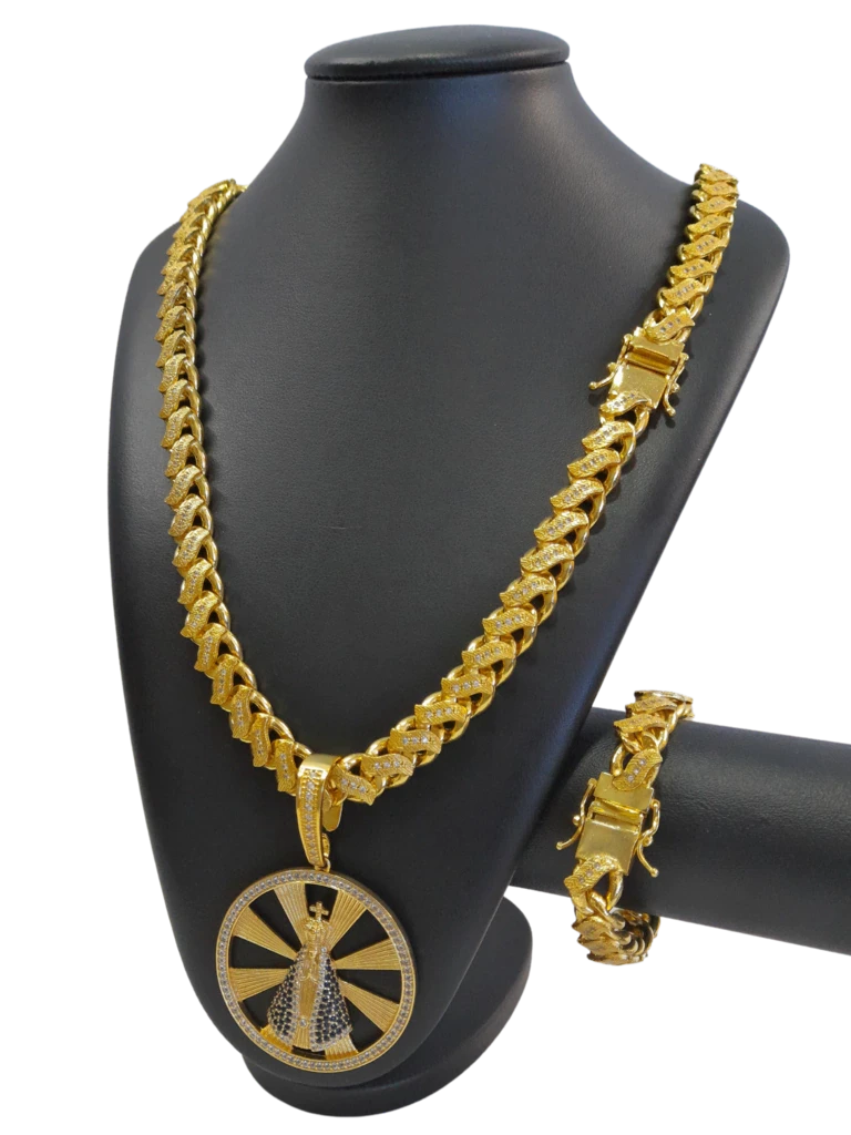 Cordão+Pulseira Pitbull Grumet S 13mm Cravejado Pingente Nossa Senhora Mega Banhado a Ouro 18k