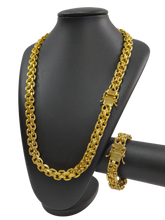 Cordão+Pulseira Cadeado Duplo 14mm Banhado a Ouro 18k