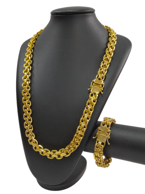 Cordão+Pulseira Cadeado Duplo 14mm Banhado a Ouro 18k