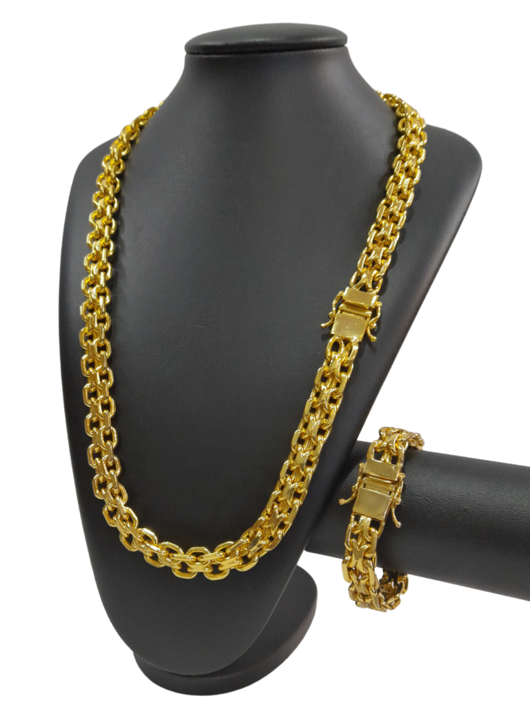 Cordão+Pulseira Cadeado Duplo 14mm Banhado a Ouro 18k