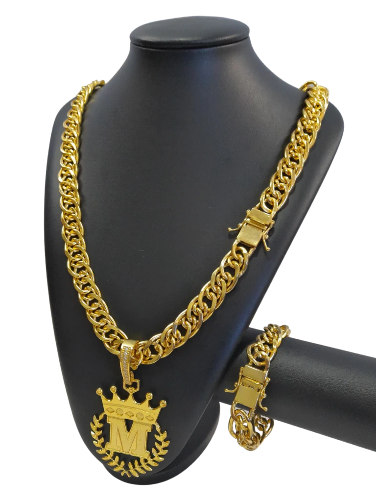 Cordão / Corrente com Pulseira Romano 15mm Pingente Escolha sua Letra Louros de A a Z Banhado a Ouro 18k