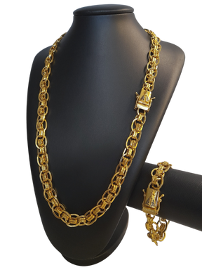 Cordão+Pulseira Imperador 13mm Fecho Nossa Senhora Banhado a Ouro 18k