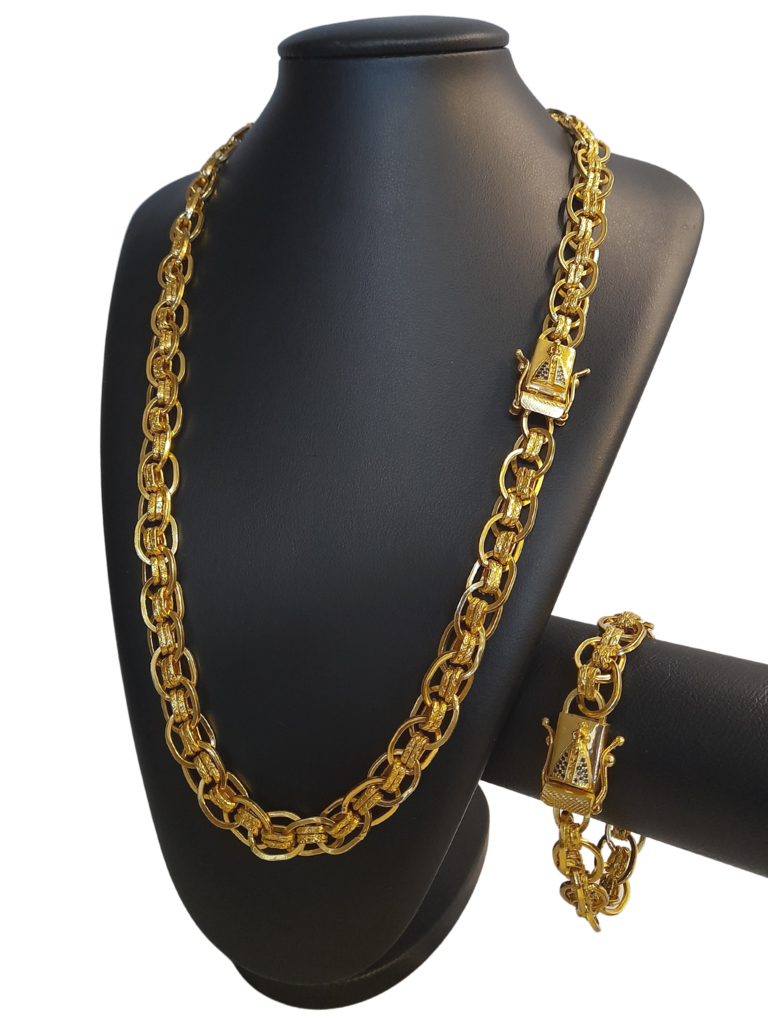 Cordão+Pulseira Imperador 13mm Fecho Nossa Senhora Banhado a Ouro 18k