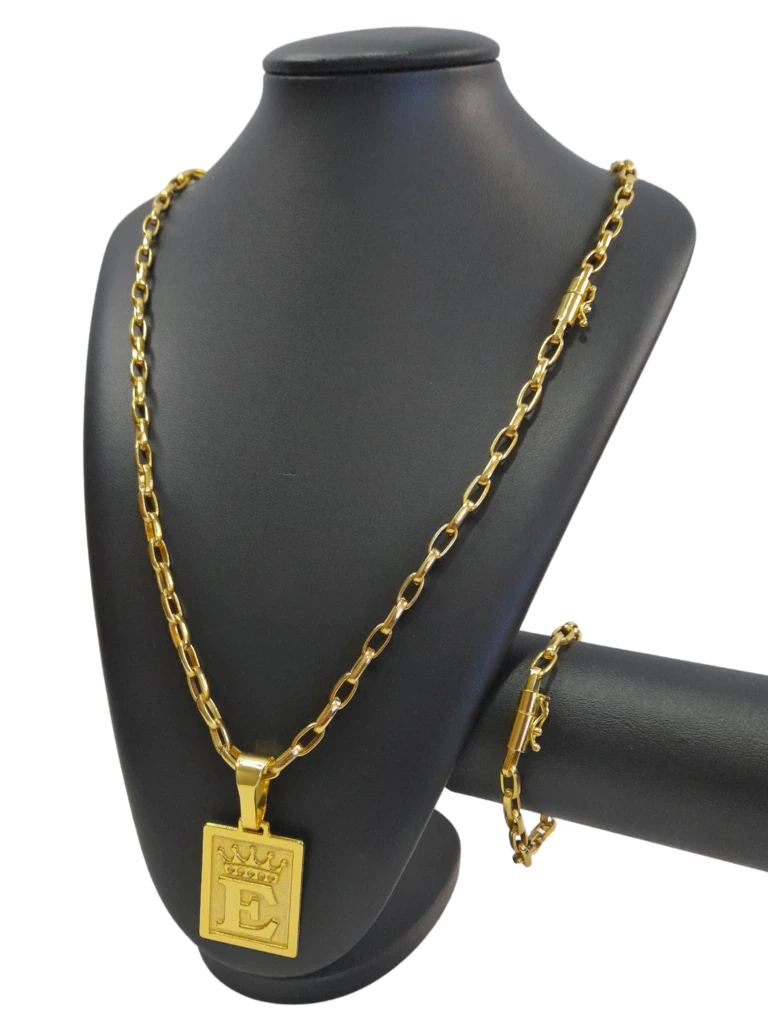 Cordão+Pulseira Meia Cana 7mm Pingente Escolha sua Letra Coroa de A a Z Banhado a Ouro 18k