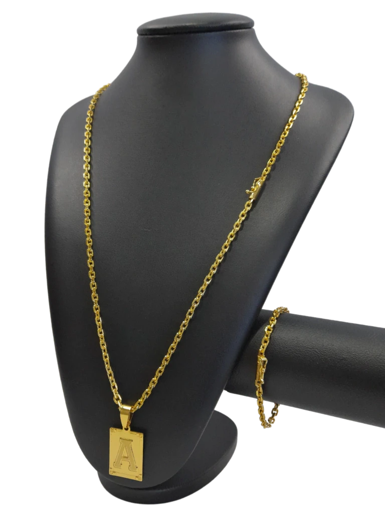 Cordão / Corrente com Pulseira Cadeado 4mm e Pingente Escolha sua Letra de A a Z Banhado A Ouro 18k