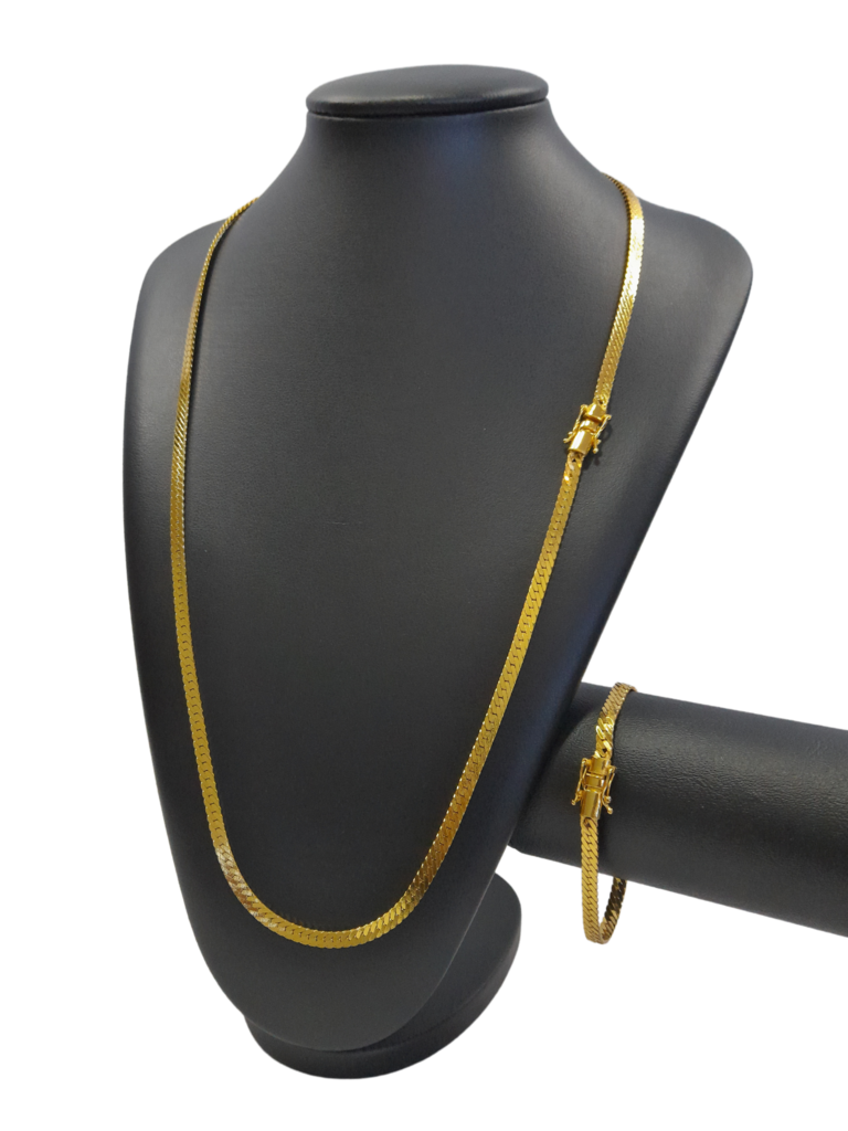 Cordão+Pulseira Grumet Laminado 4mm Fecho Duplo Banhado a Ouro 18k