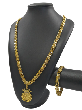 Cordão+Pulseira Friso S 9mm Pingente Favela Venceu Cravejado Banhado a Ouro 18k